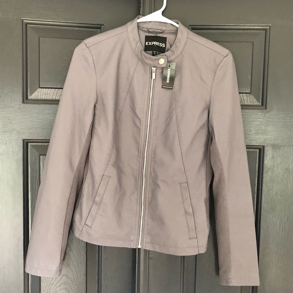 NWT Express Women's Band Collar Faux Leather Full Zip Jacket Gray Small